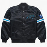 Front view of Carolina Panthers NFL satin varsity jacket with team logo and snap-button closure