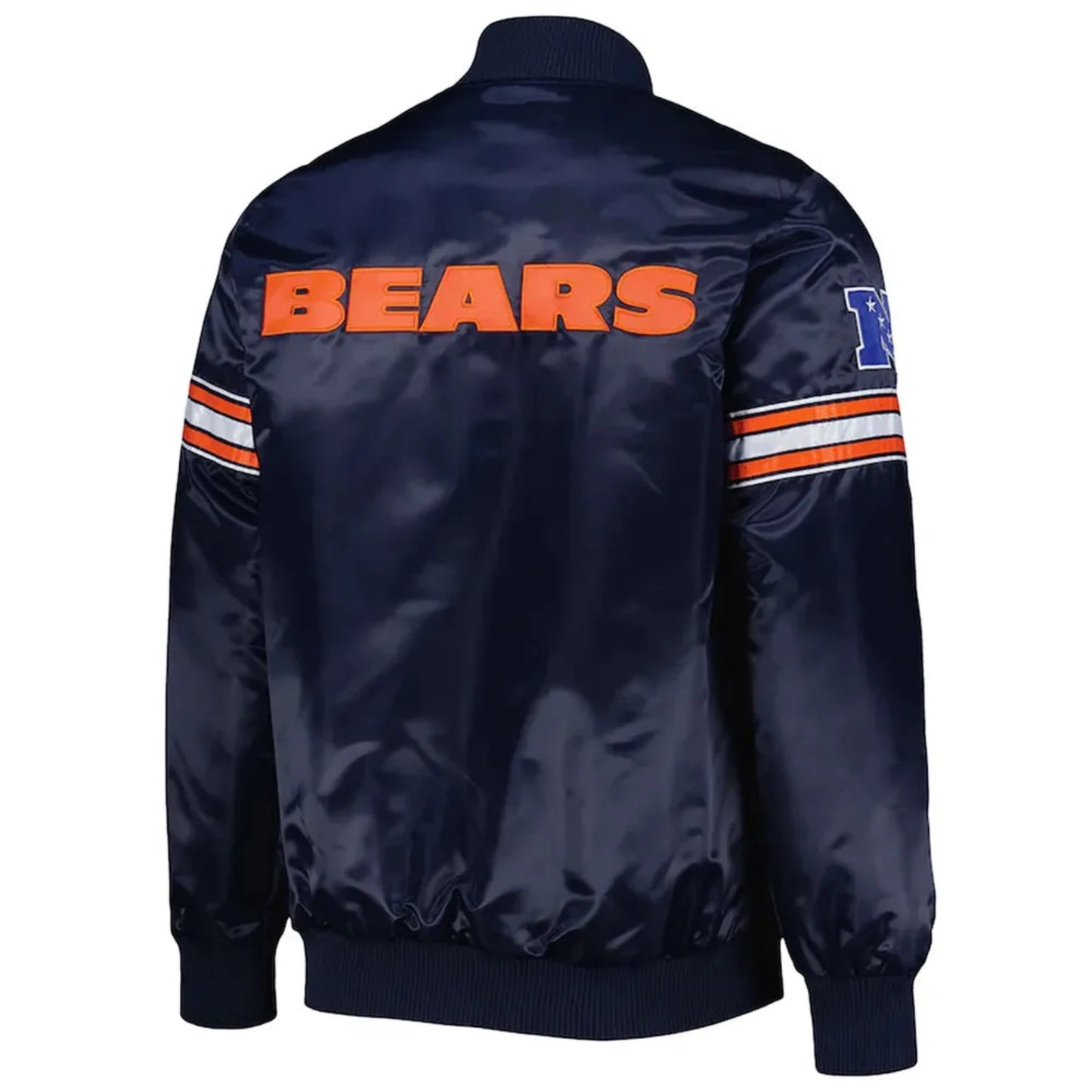Back of Chicago Bears satin varsity jacket featuring large team logo and striped ribbed hem
