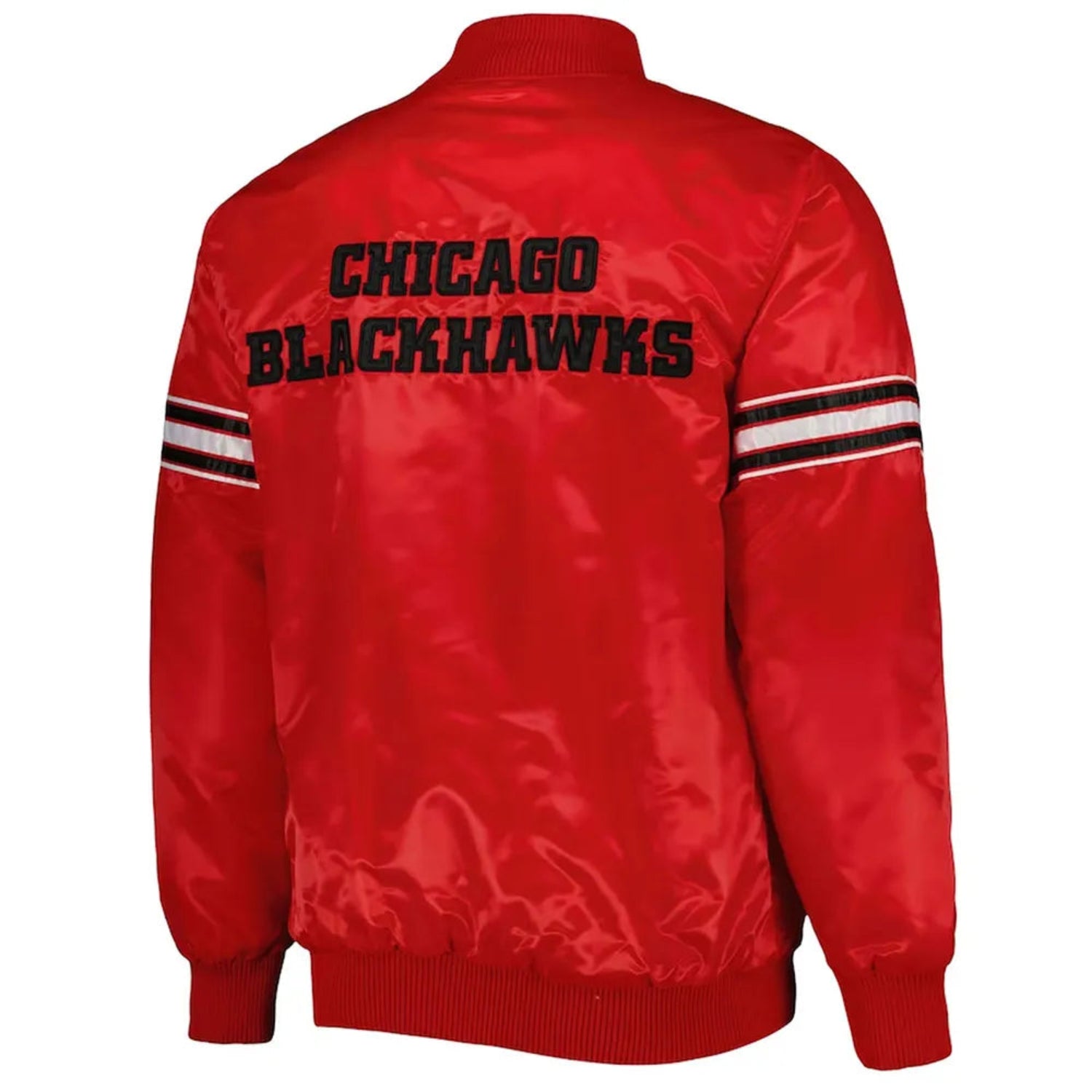 Back of NHL Chicago Blackhawks satin varsity jacket in red colour featuring large team logo and striped ribbed hem