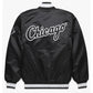 Back of Chicago White Sox satin varsity jacket featuring large team logo and striped ribbed hem