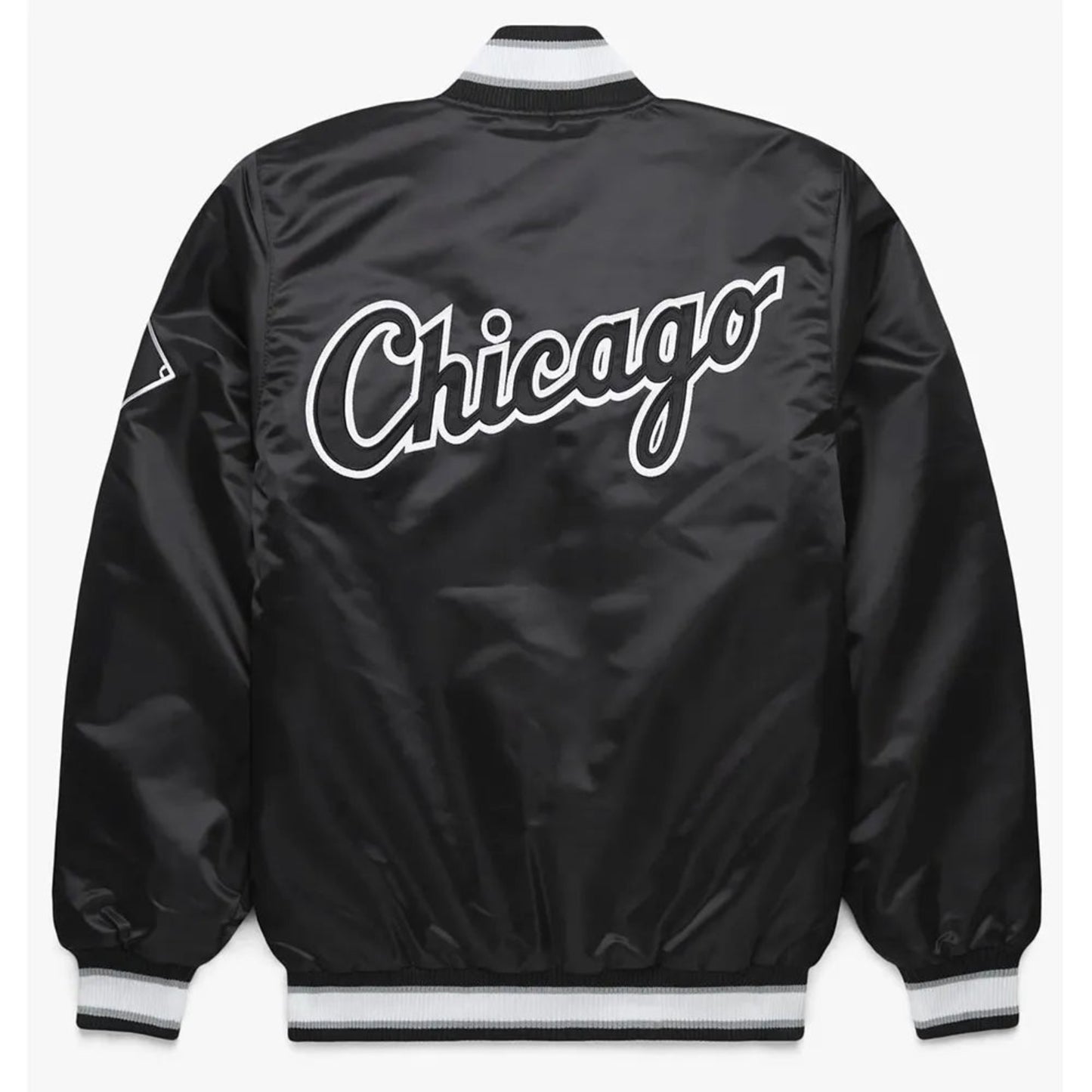 Back of Chicago White Sox satin varsity jacket featuring large team logo and striped ribbed hem
