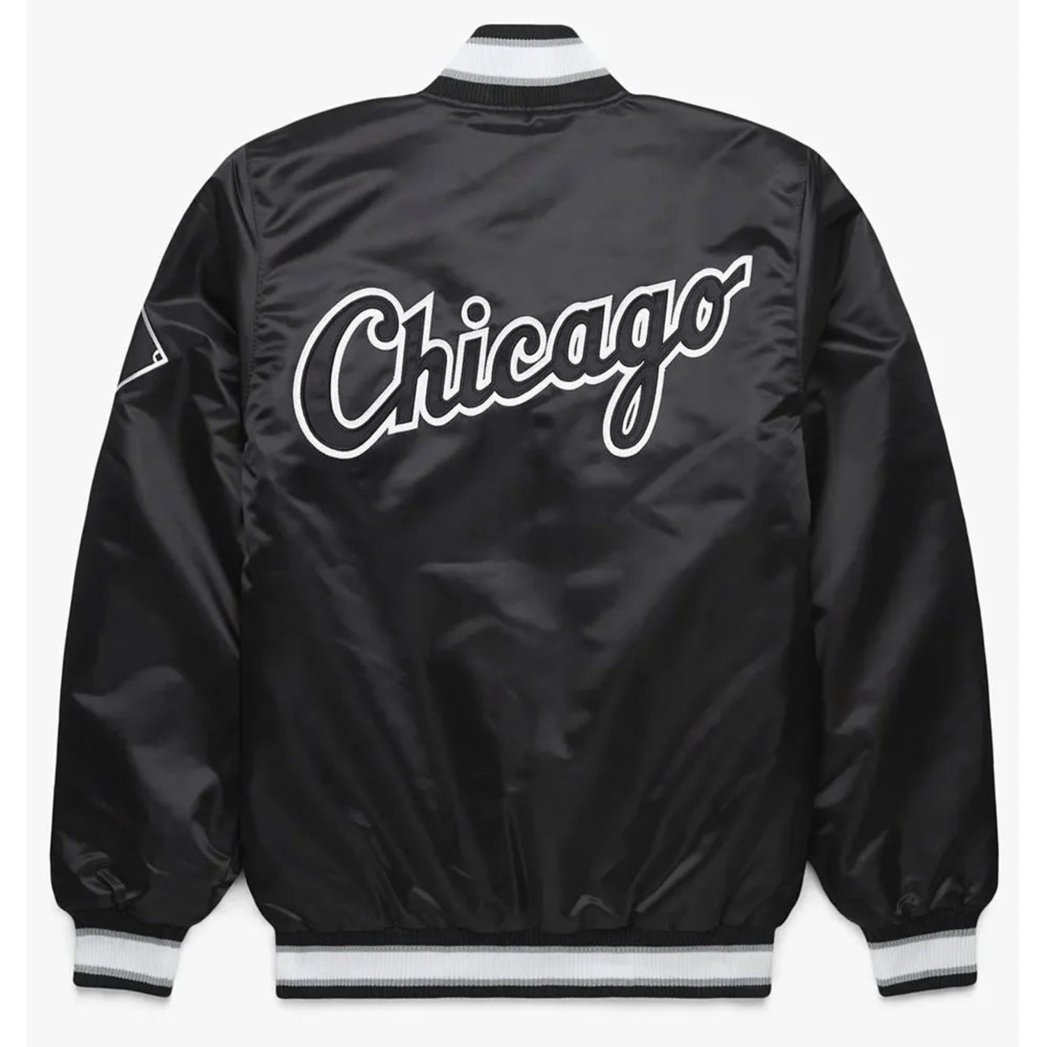 Back of Chicago White Sox satin varsity jacket featuring large team logo and striped ribbed hem