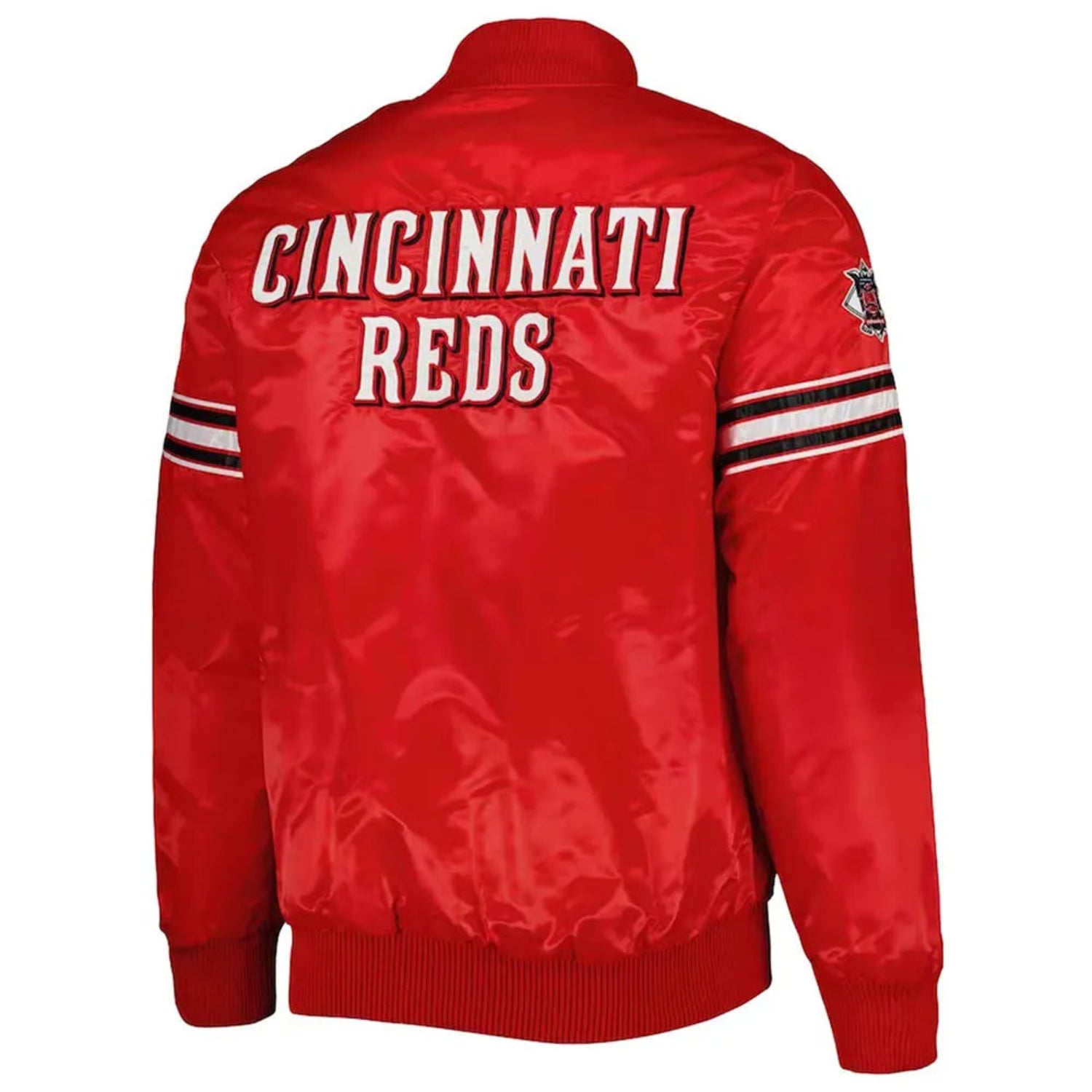 Back of Cincinnati Reds satin varsity jacket featuring large team logo and striped ribbed hem