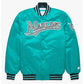 Front view of Miami Marlins MLB satin varsity jacket with team logo and snap-button closure