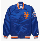 Front view of NY Mets MLB satin varsity jacket with team logo and snap-button closure