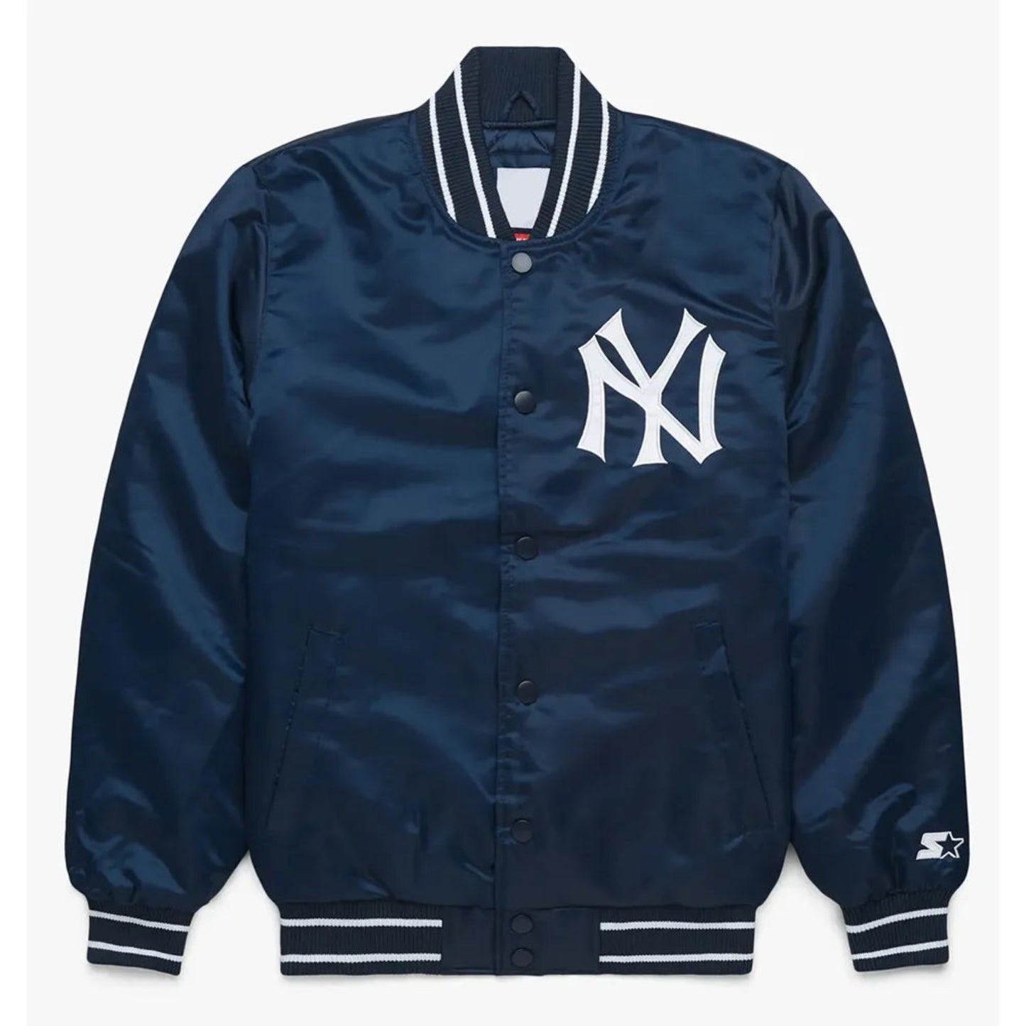 Front view of Yankees MLB satin varsity jacket with team logo and snap-button closure