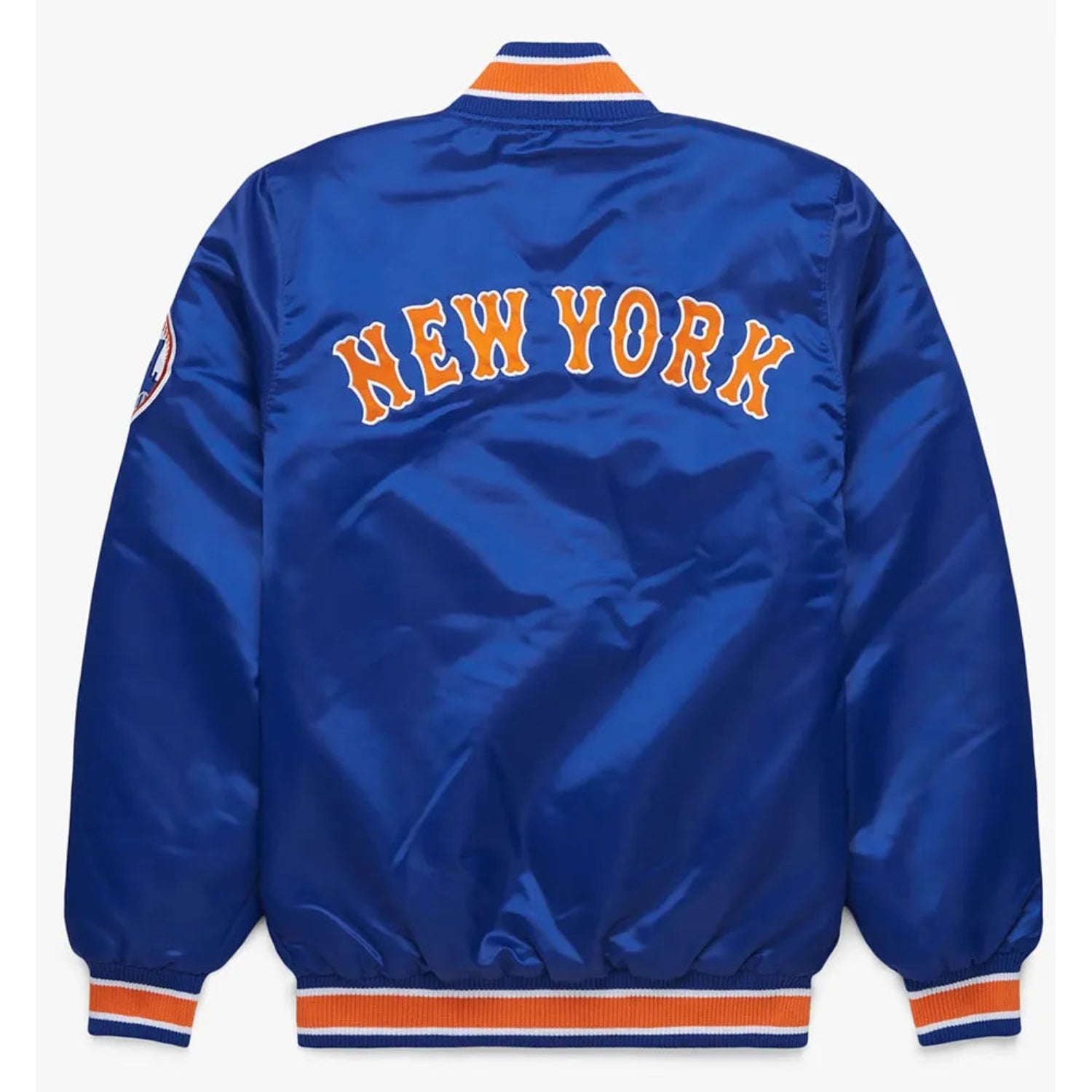 Back of New York Mets satin varsity jacket featuring large team logo and striped ribbed hem