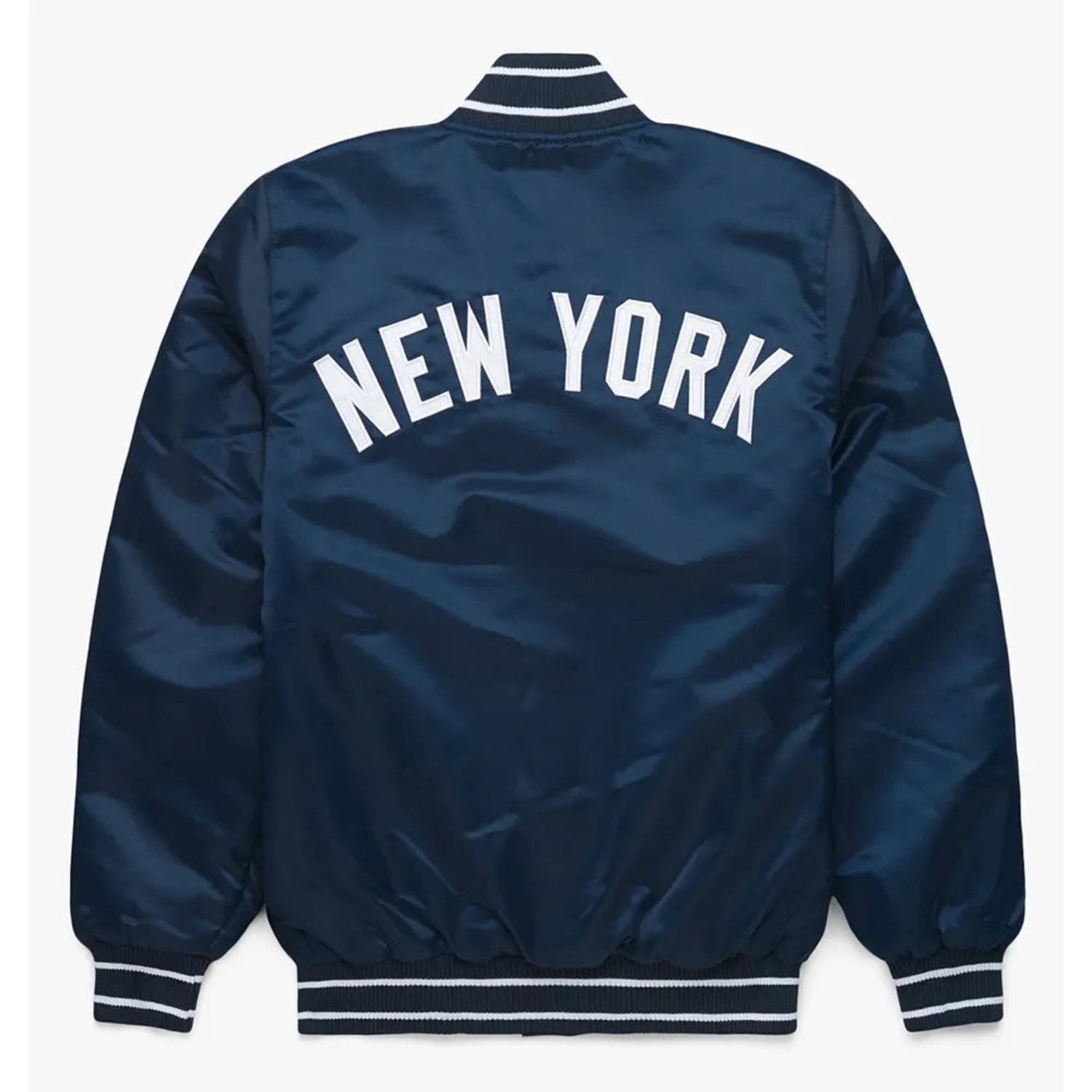 Back of satin NY Yankees varsity jacket featuring large team logo and striped ribbed hem