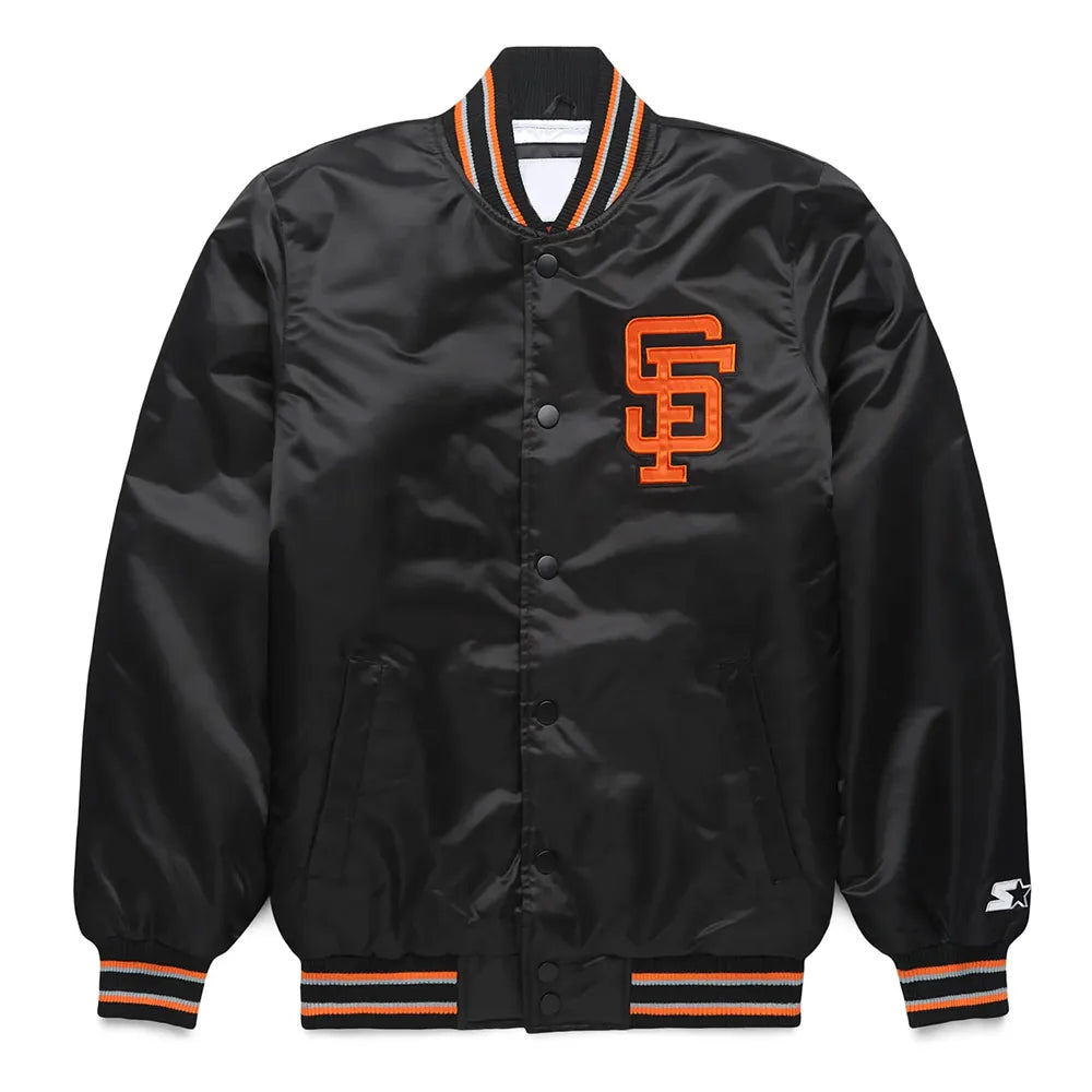 Front view of San Francisco Giants MLB satin varsity jacket with team logo and snap-button closure