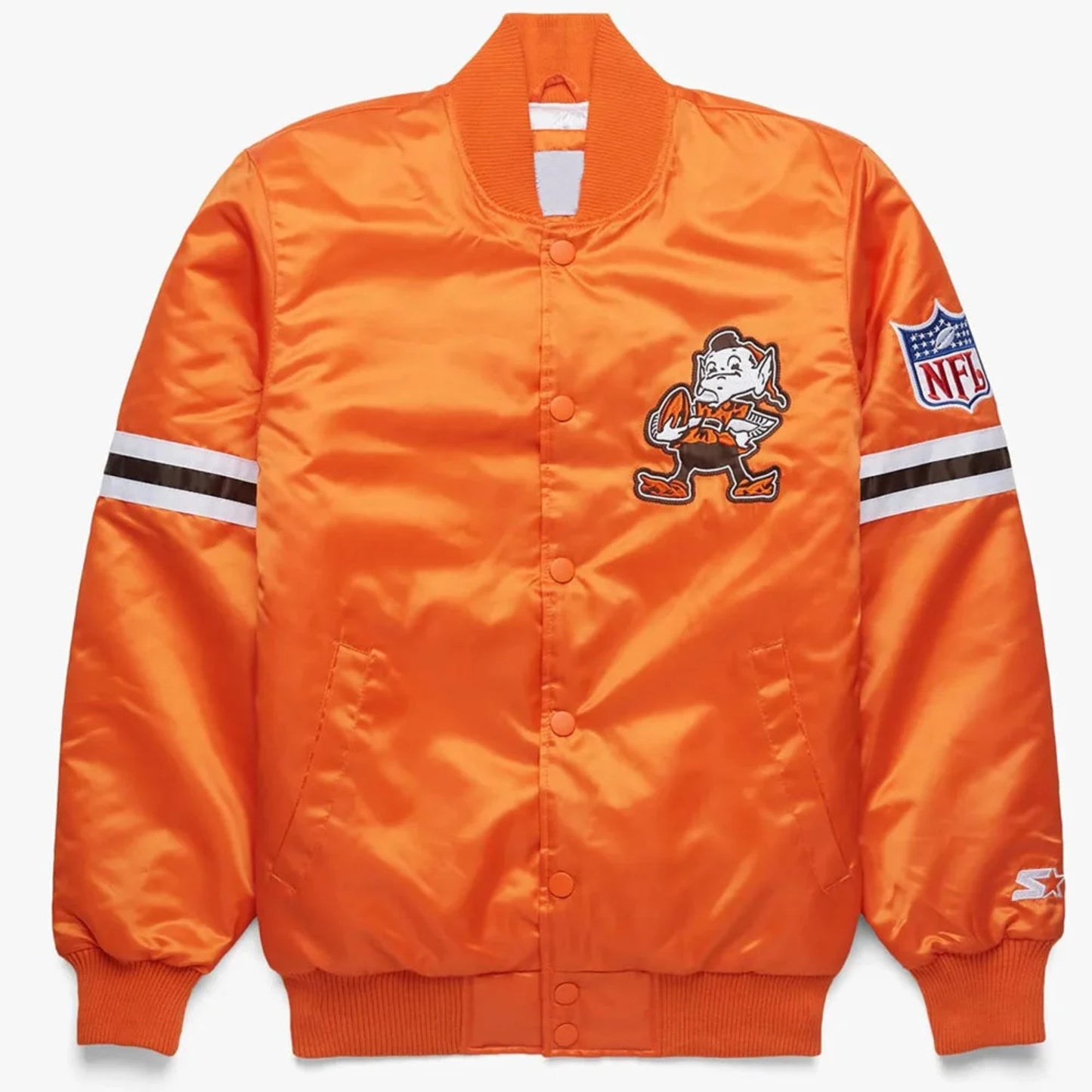 Front view of Cleveland Browns NFL satin varsity jacket with team logo and snap-button closure
