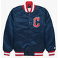 Front view of Clebveland Guardians MLB satin varsity jacket with team logo and snap-button closure