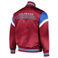 Back of NHL Colorado Avalanche satin varsity jacket in Burgundy colour featuring large team logo and striped ribbed hem
