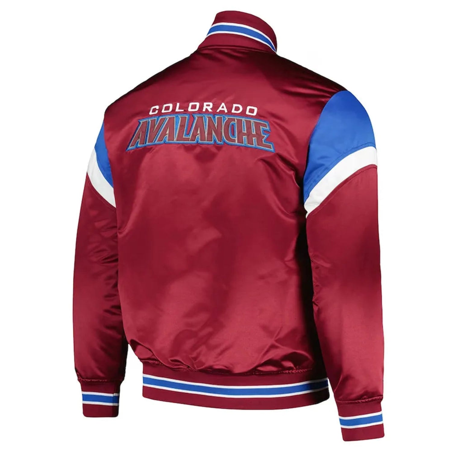 Back of NHL Colorado Avalanche satin varsity jacket in Burgundy colour featuring large team logo and striped ribbed hem