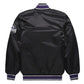 Back of Colorado Rockies satin varsity jacket featuring large team logo and striped ribbed hem