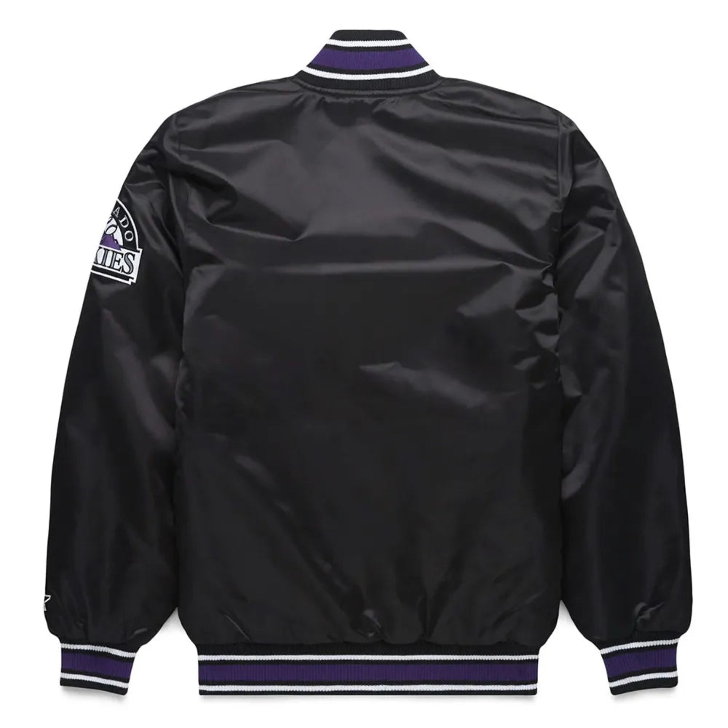 Back of Colorado Rockies satin varsity jacket featuring large team logo and striped ribbed hem