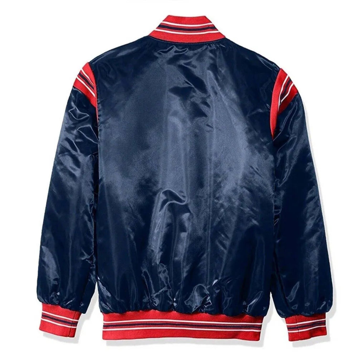 Back of NHL Columbus Blue Jackets satin varsity jacket in Navy colour featuring large team logo and striped ribbed hem