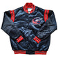 Front view of Columbus Blue Jackets NHL satin varsity jacket with embroidered team logo and snap-button closure