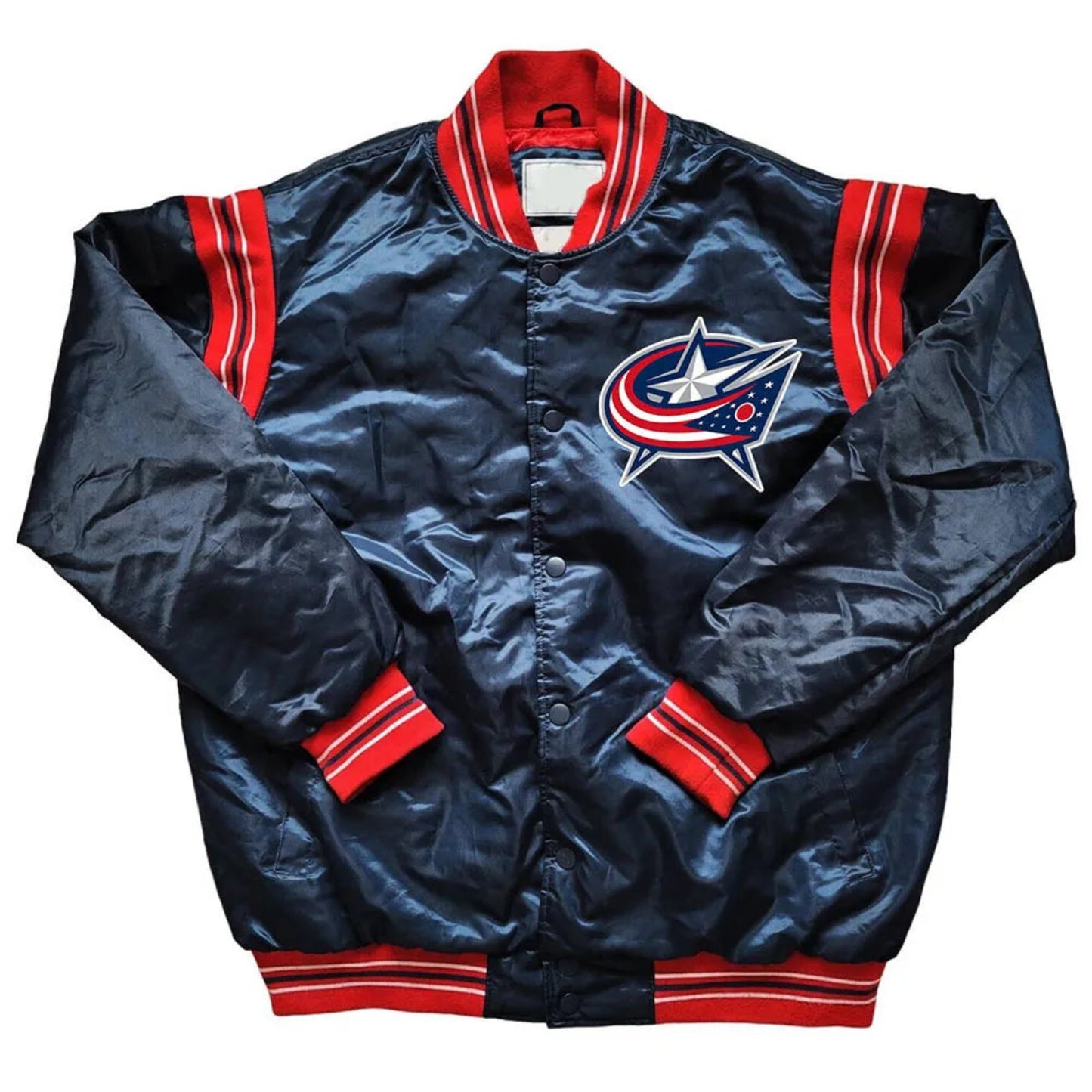 Front view of Columbus Blue Jackets NHL satin varsity jacket with embroidered team logo and snap-button closure