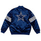 Back of Dallas cowboys satin varsity jacket featuring large team logo and striped ribbed hem
