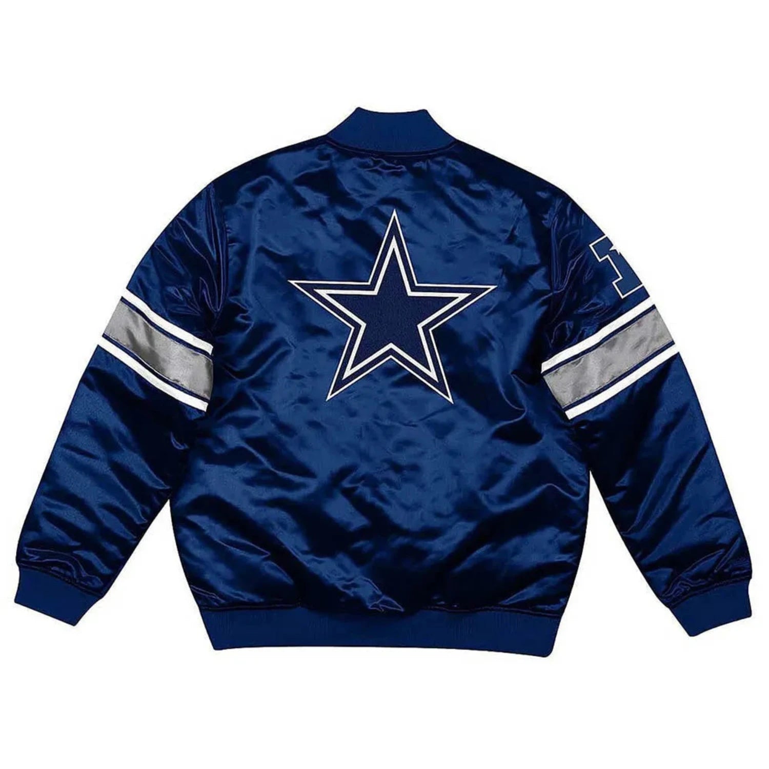 Back of Dallas cowboys satin varsity jacket featuring large team logo and striped ribbed hem
