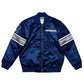 Front view of Dallas cowboys NFL satin varsity jacket with team logo and snap-zip closure
