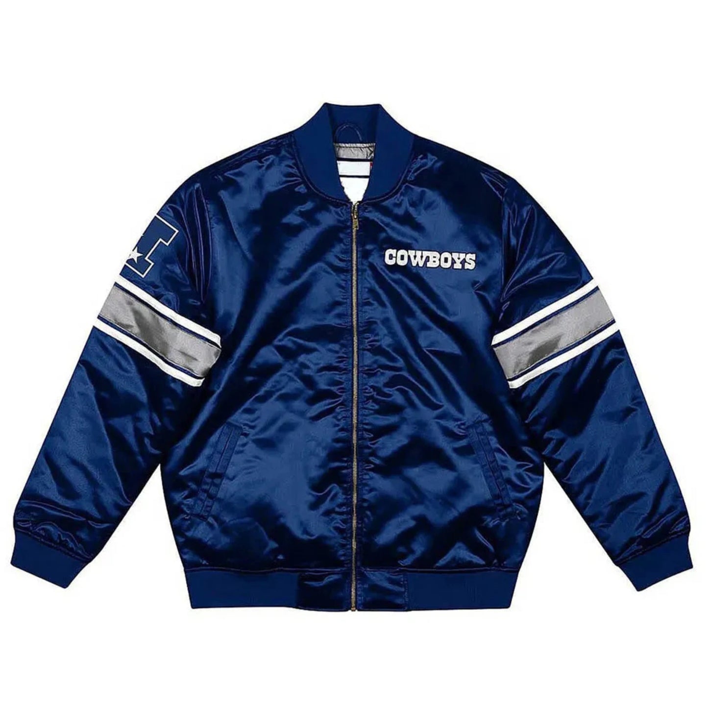Front view of Dallas cowboys NFL satin varsity jacket with team logo and snap-zip closure