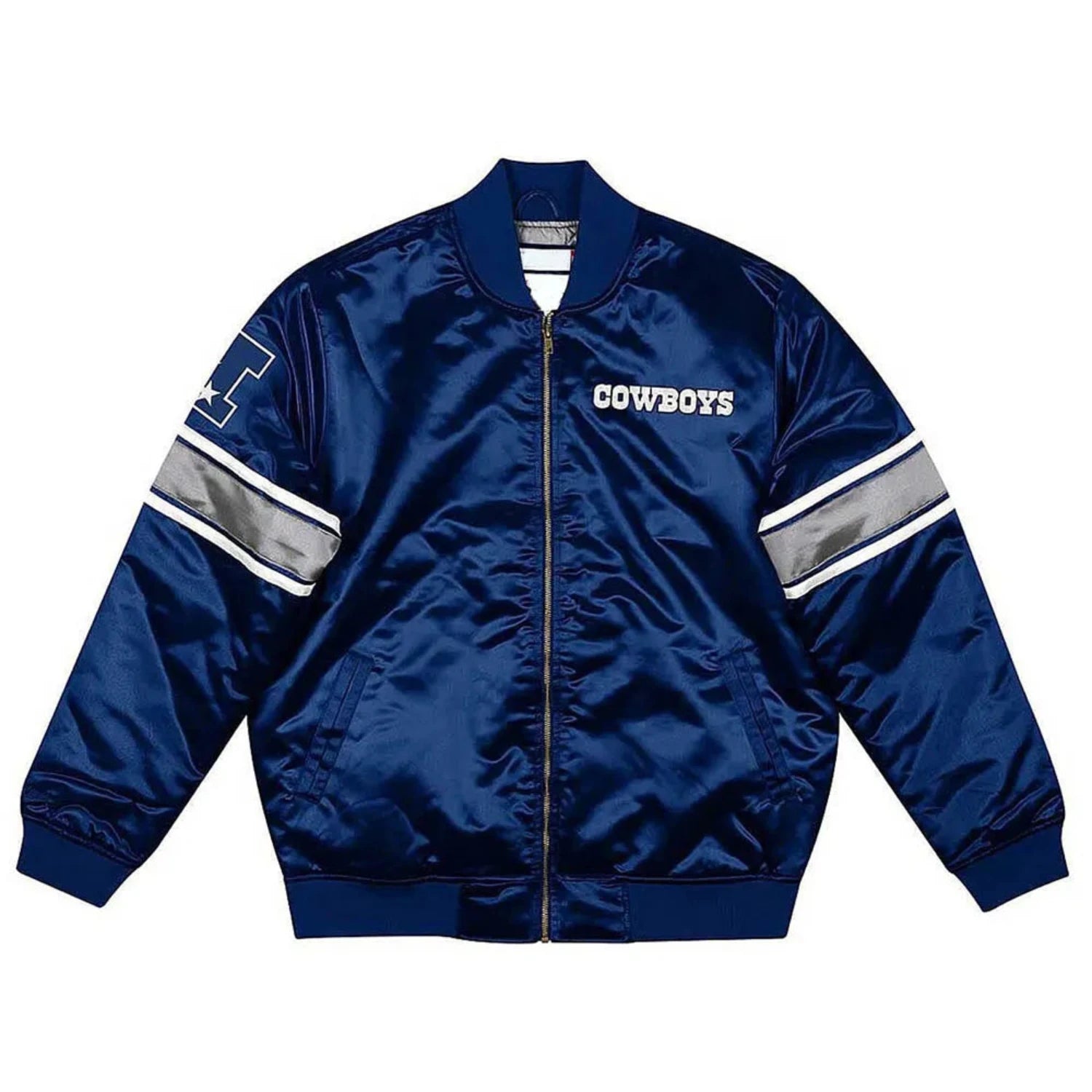 Front view of Dallas cowboys NFL satin varsity jacket with team logo and snap-zip closure