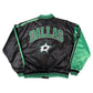 Back of NHL Dallas Stars satin varsity jacket in black and green colour featuring large team logo and striped ribbed hem