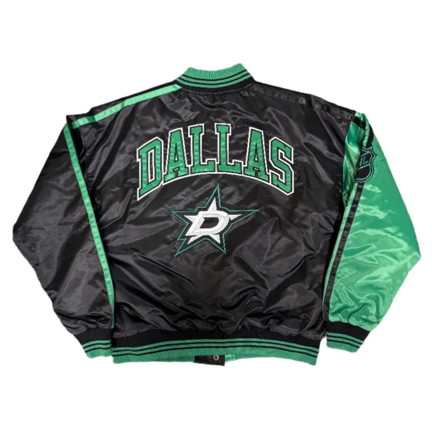 Back of NHL Dallas Stars satin varsity jacket in black and green colour featuring large team logo and striped ribbed hem