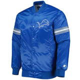 Front view of Detroit Lions NFL satin varsity jacket with team logo and snap-button closure