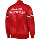 Back of NHL Detroit Red Wings satin varsity jacket in red colour featuring large team logo and striped ribbed hem