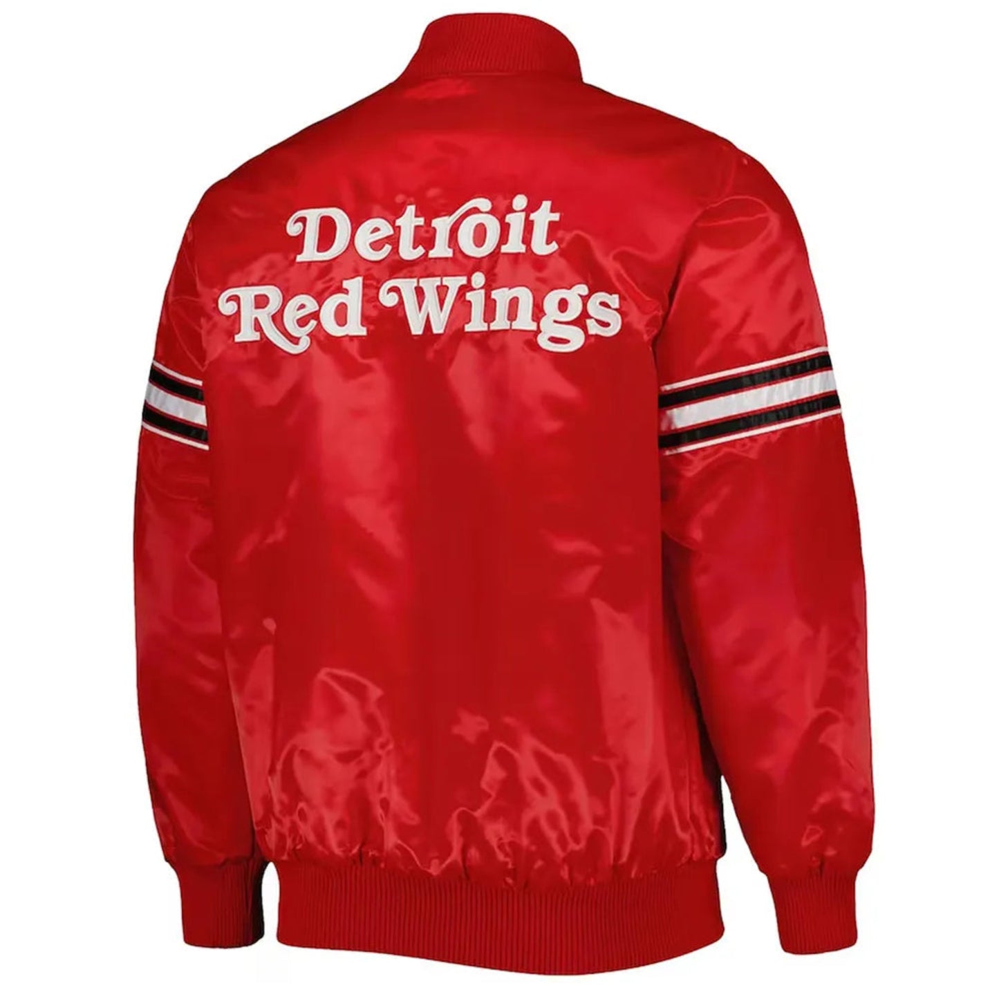 Back of NHL Detroit Red Wings satin varsity jacket in red colour featuring large team logo and striped ribbed hem
