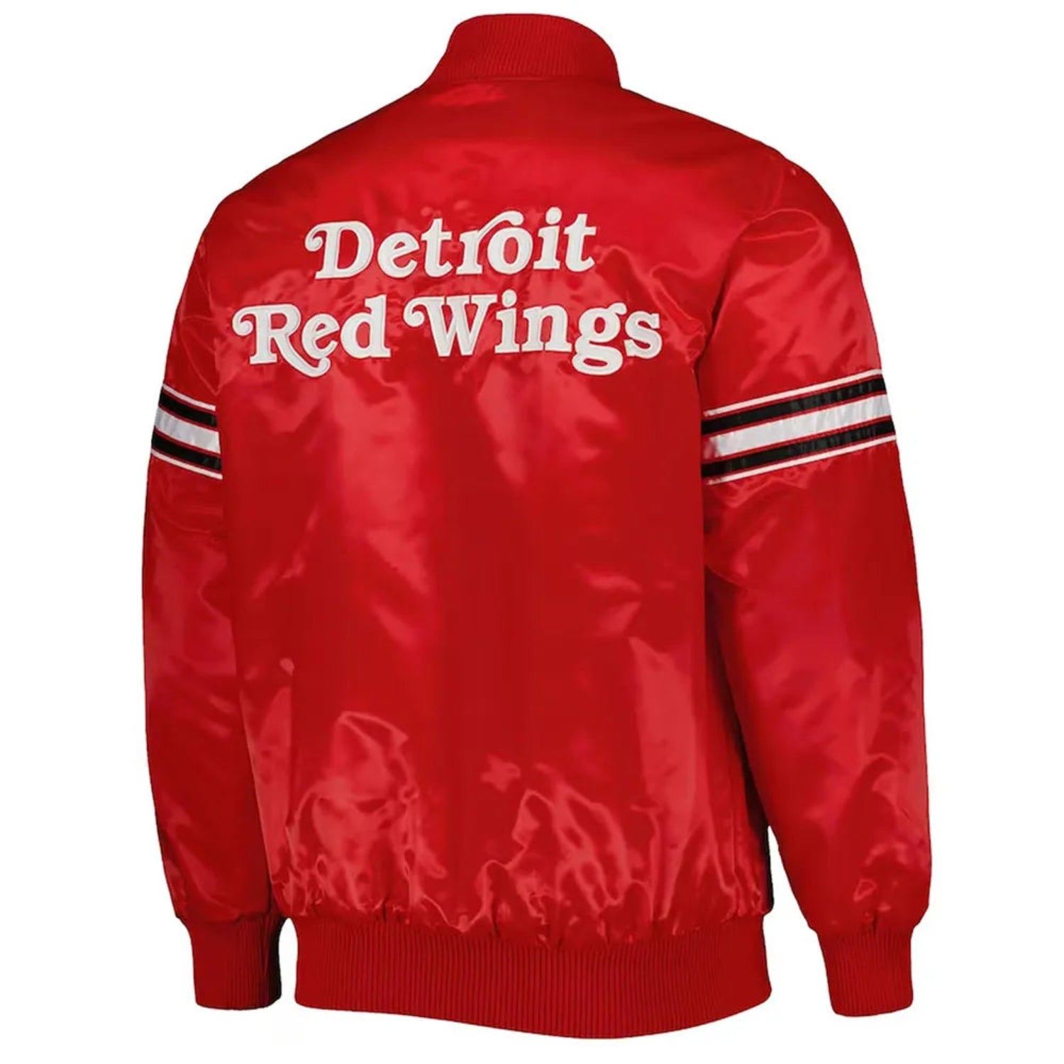 Back of NHL Detroit Red Wings satin varsity jacket in red colour featuring large team logo and striped ribbed hem