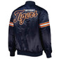 Back of Detorit Tigers satin varsity jacket featuring large team logo and striped ribbed hem