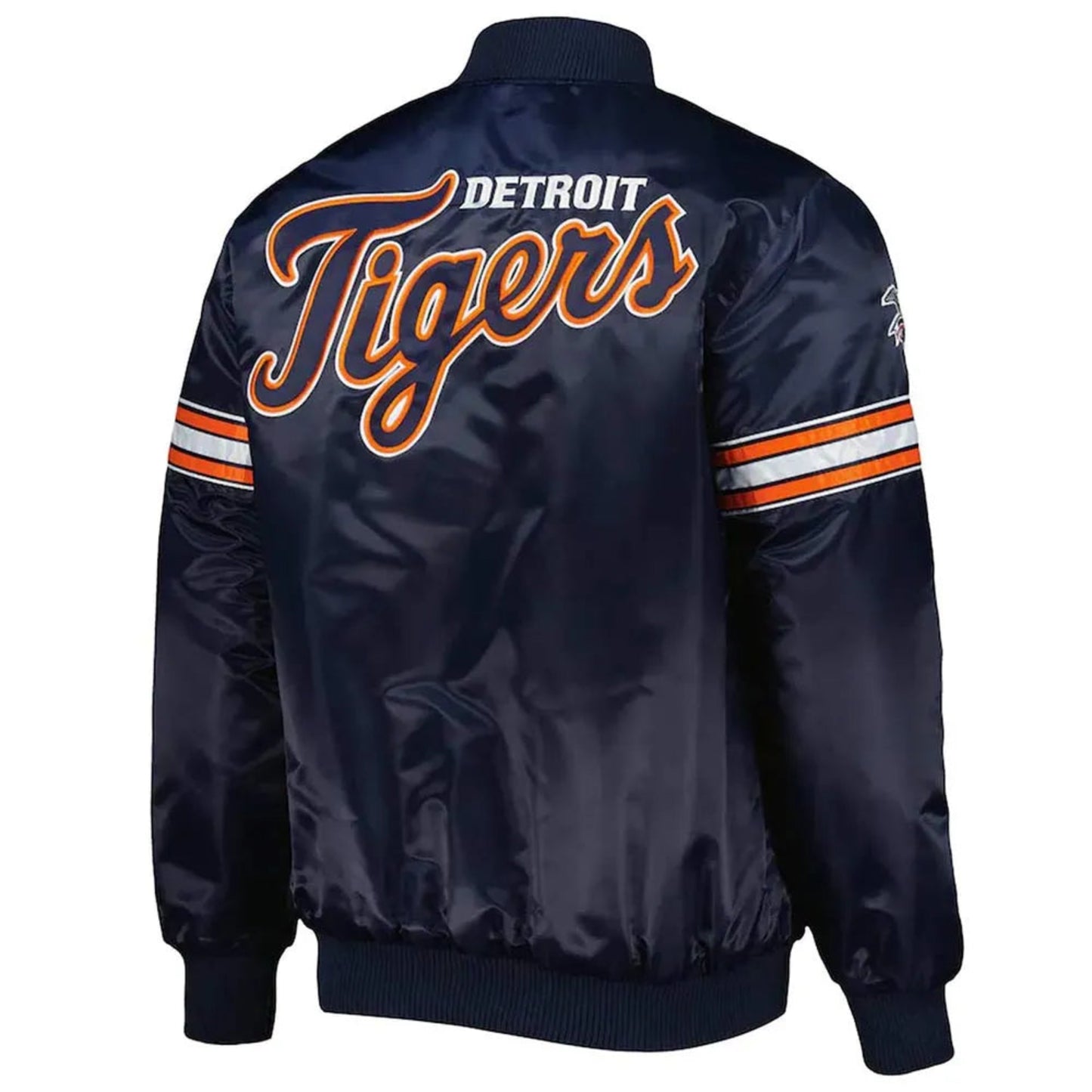 Back of Detorit Tigers satin varsity jacket featuring large team logo and striped ribbed hem