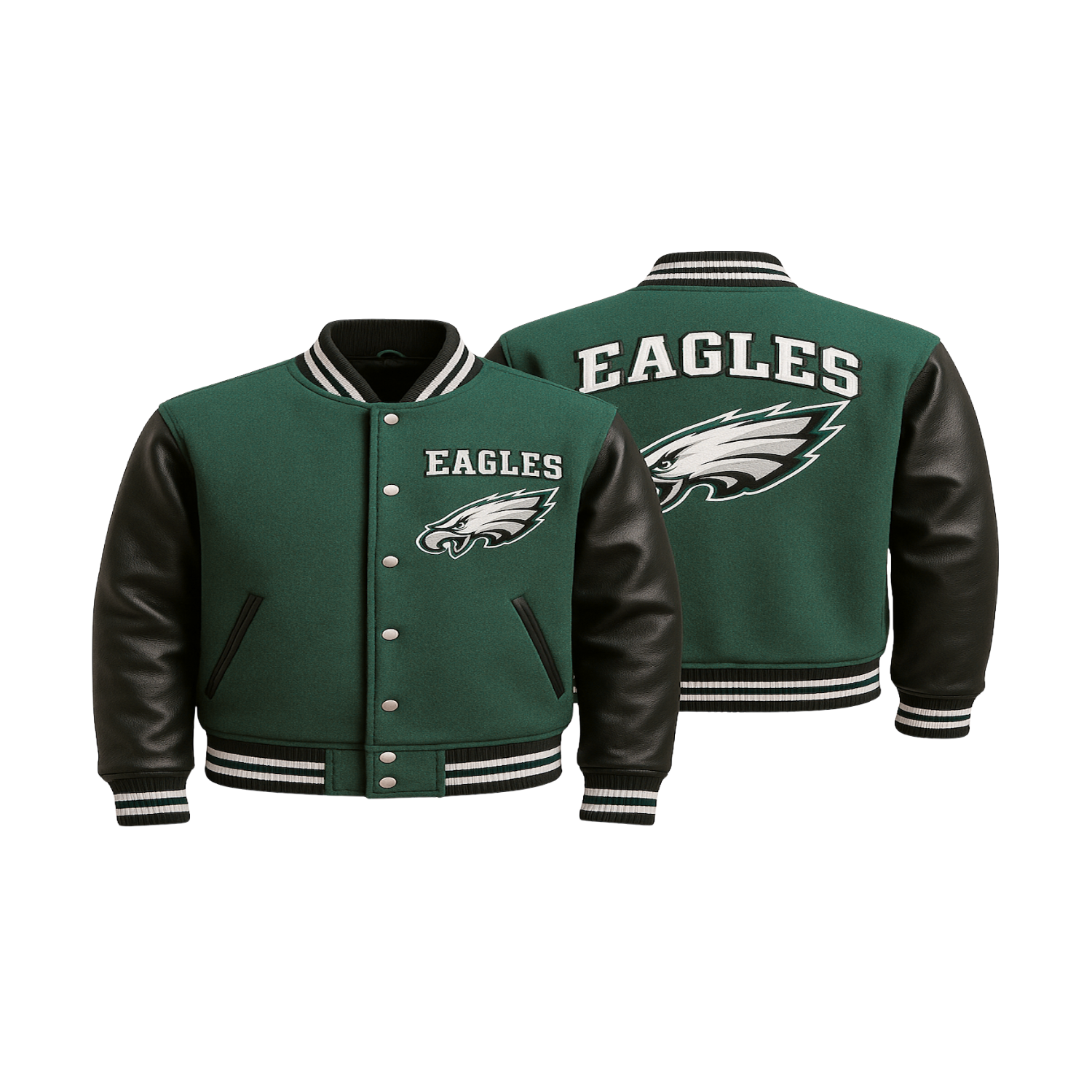 Philadelphia Eagles Varsity Jacket with Green and Black colour embroidered team logos