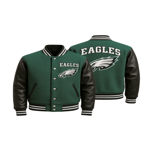 Philadelphia Eagles Varsity Jacket with Green and Black colour embroidered team logos