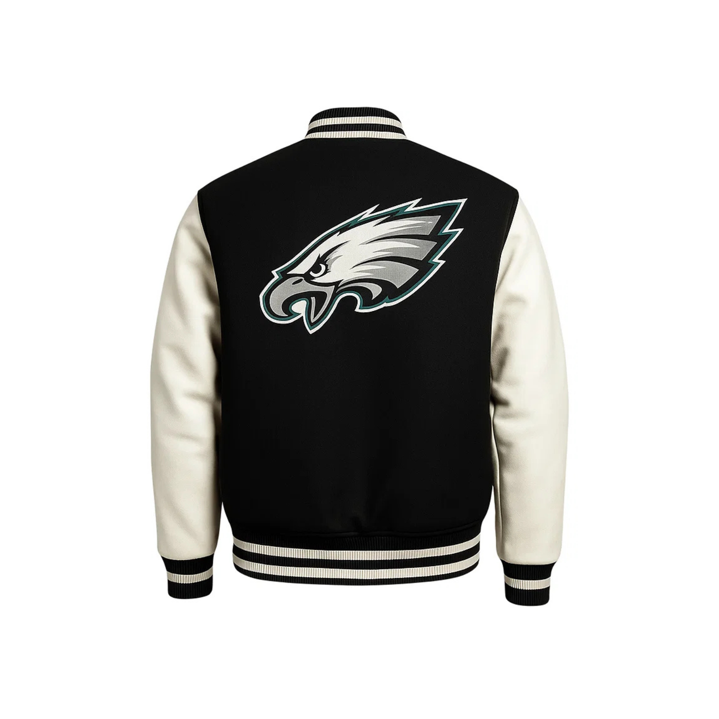 Black and white varsity jacket with a philadelphia eagles logo on a back side