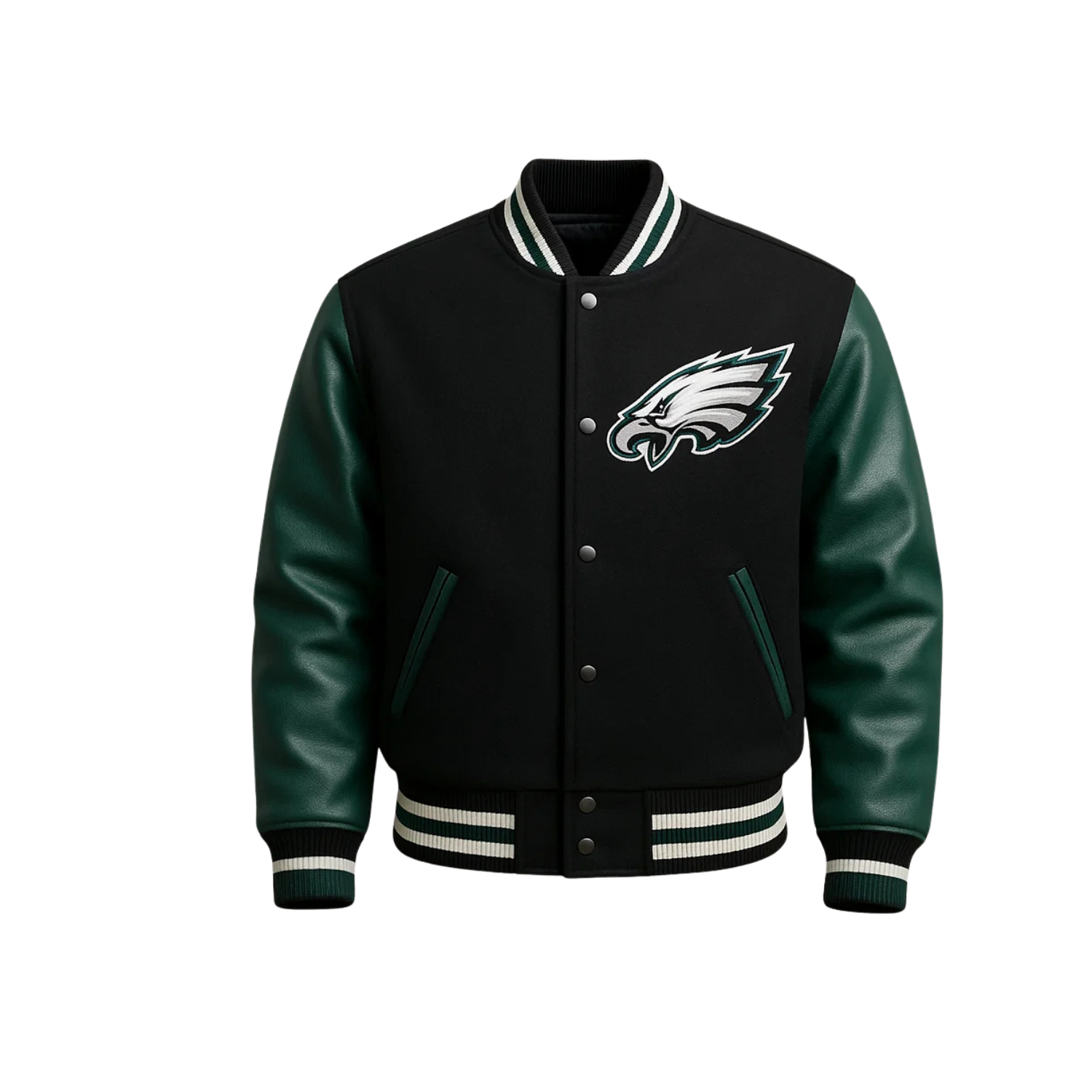 Black and green varsity jacket with a philadelphia eagles logo on a left chest