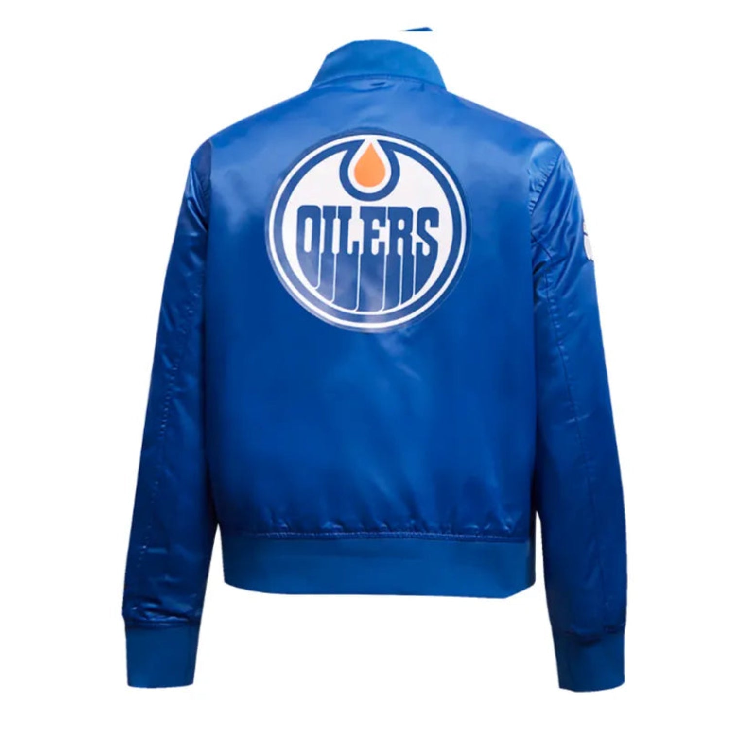 Back of NHL Edmonton Oilers satin varsity jacket in blue colour featuring large team logo and striped ribbed hem