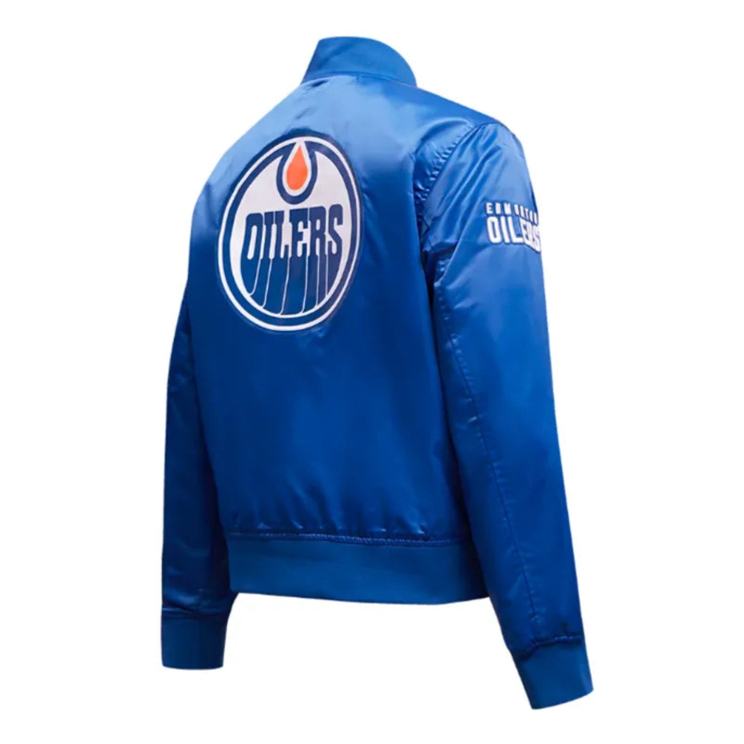 Blue Edmonton Oilers jacket with Oilers logo on a white background