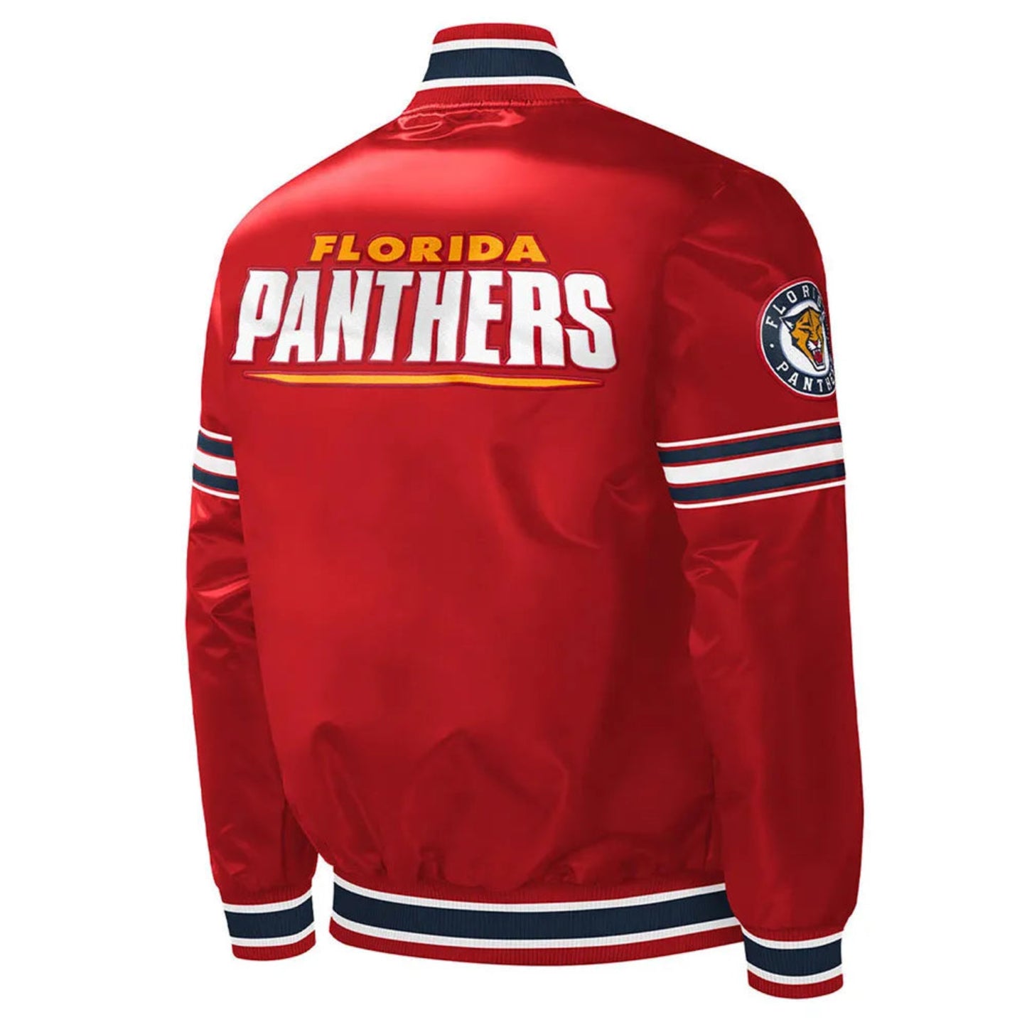 Back of NHL Florida Panthers satin varsity jacket in red colour featuring large team logo and striped ribbed hem