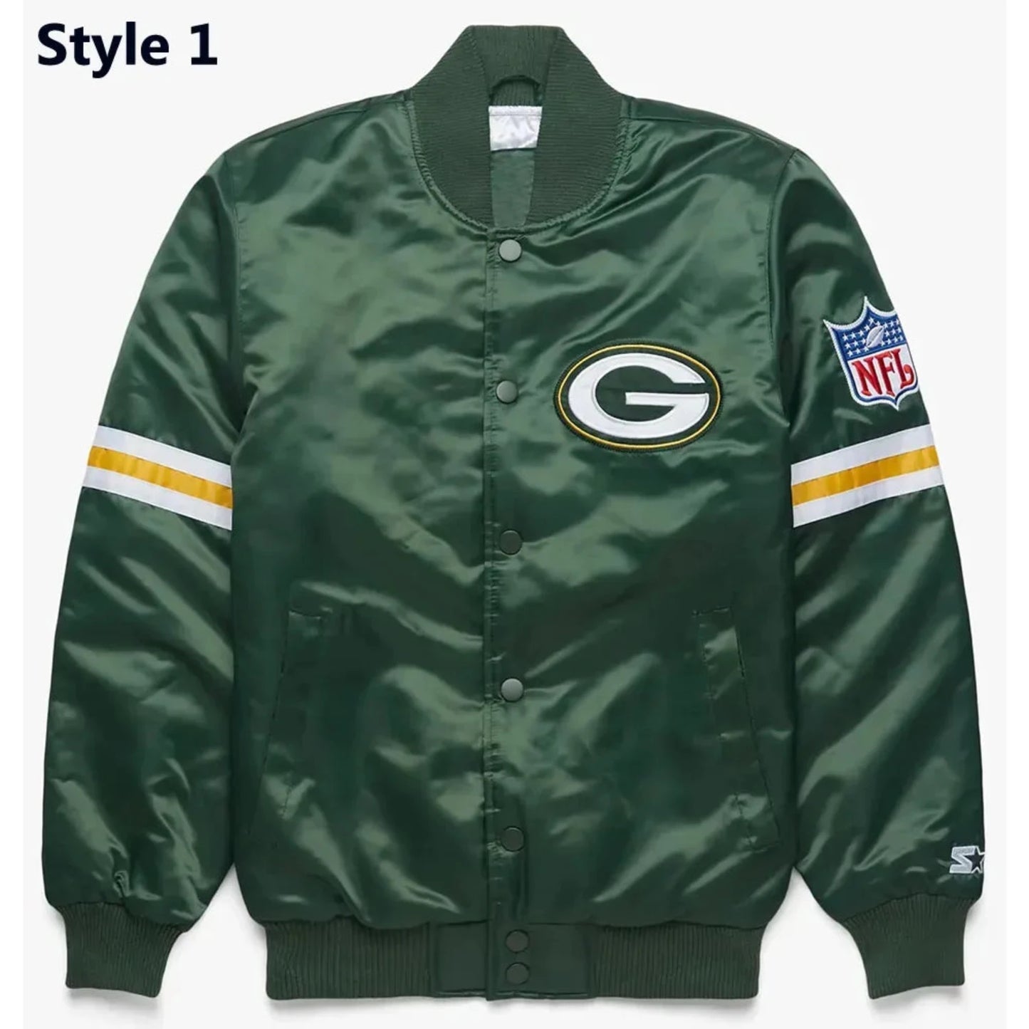 Front view of Green Bay Packers NFL satin varsity jacket with team logo and snap-button closure