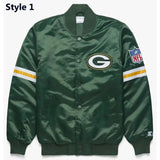 Front view of Green Bay Packers NFL satin varsity jacket with team logo and snap-button closure