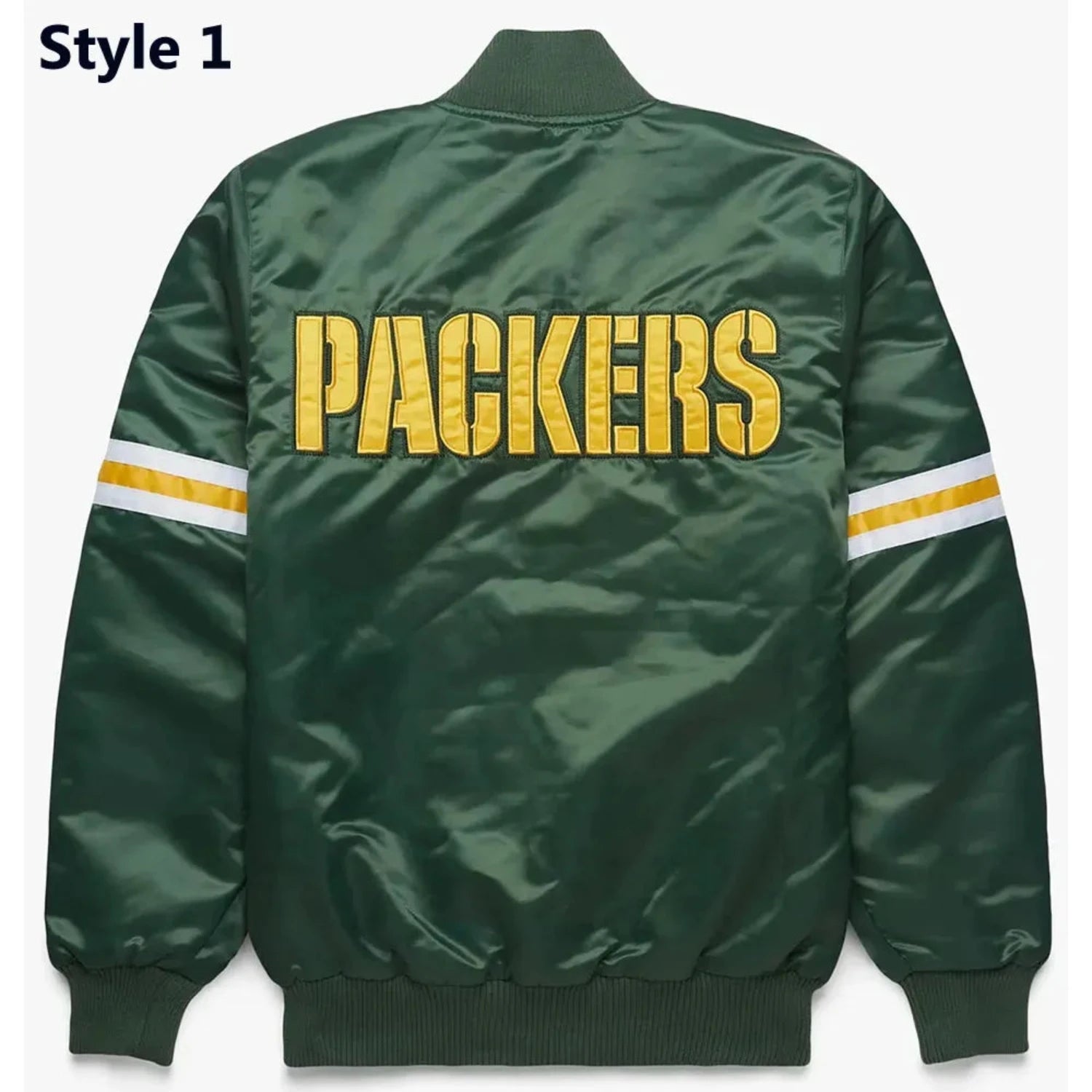 Back of Packers satin varsity jacket featuring large team logo and striped ribbed hem
