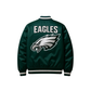 Green satin jacket with Philadelphia Eagles logo on back