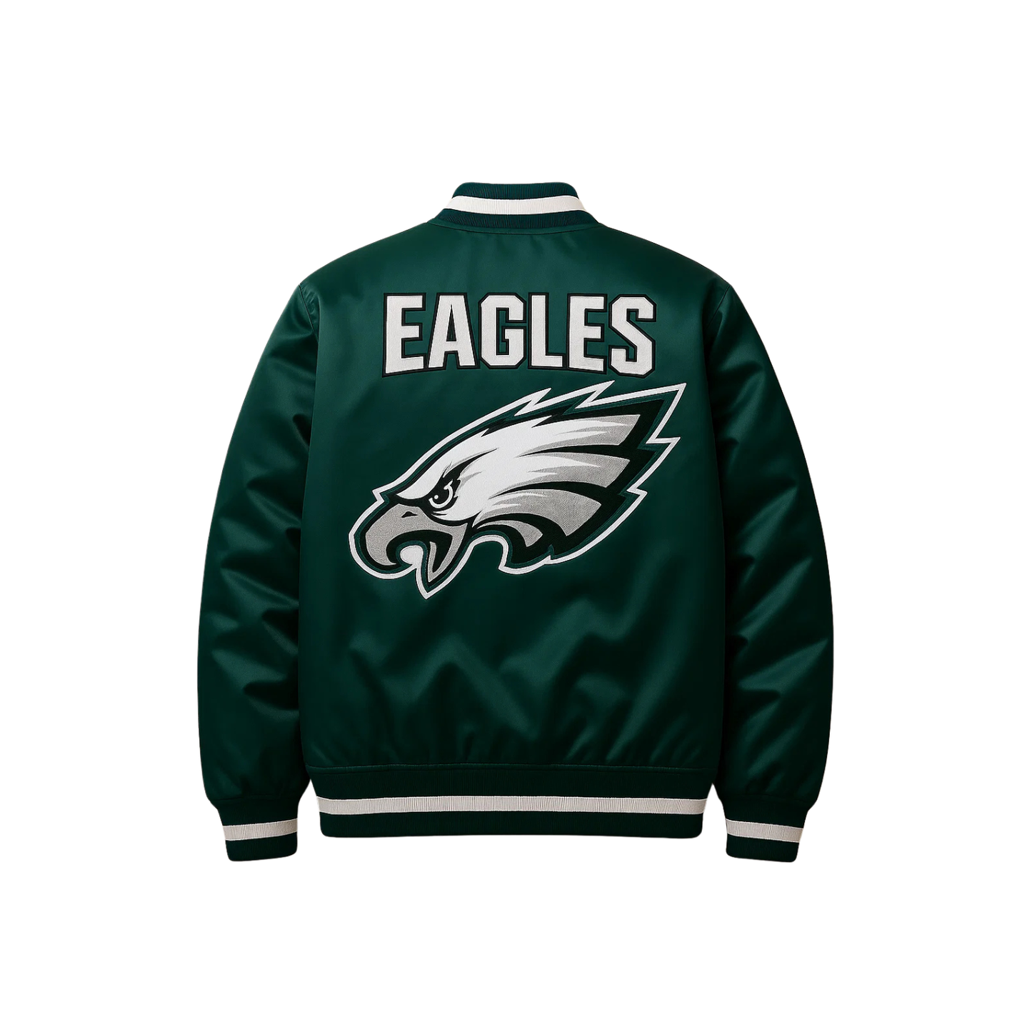 Green satin jacket with Philadelphia Eagles logo on back