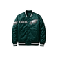 Green satin jacket with Philadelphia Eagles logo on left and right front