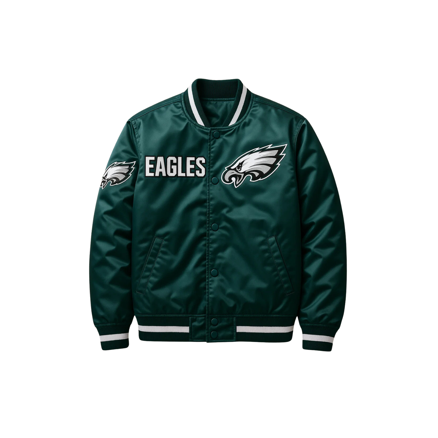 Green satin jacket with Philadelphia Eagles logo on left and right front