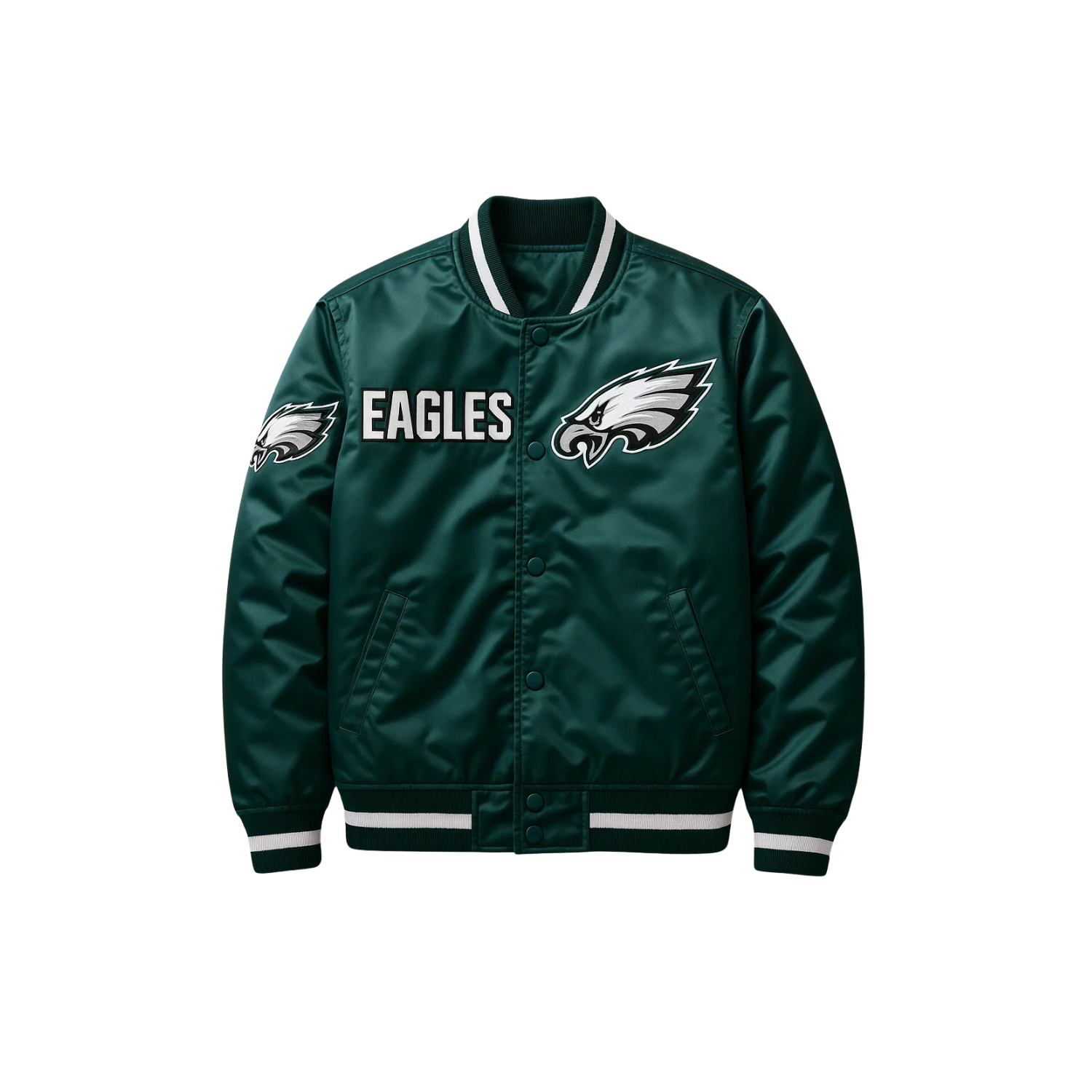 Green satin jacket with Philadelphia Eagles logo on left and right front